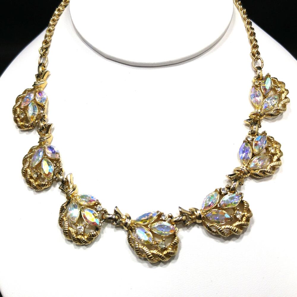 Aurora Borealis Gold Plated Choker Necklace, Floral Design 1960s Vintage Jewelry